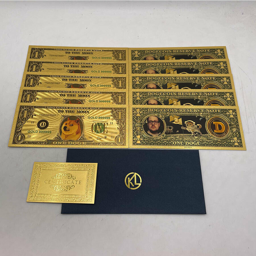 10 Pcs Beautiful Wow Gold Dogecoin Gold Banknotes Dog Printing D Souvenir Cards