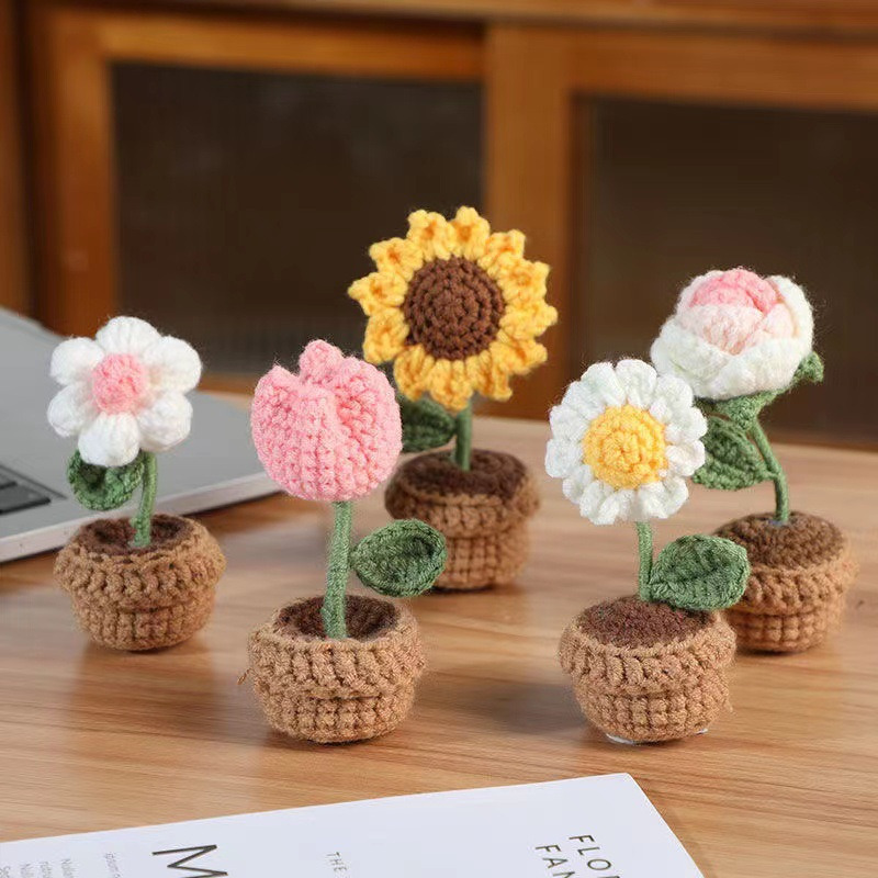 Handmade Crochet Knitting Diy Flower Bouquet Simulation Flower Small Potted