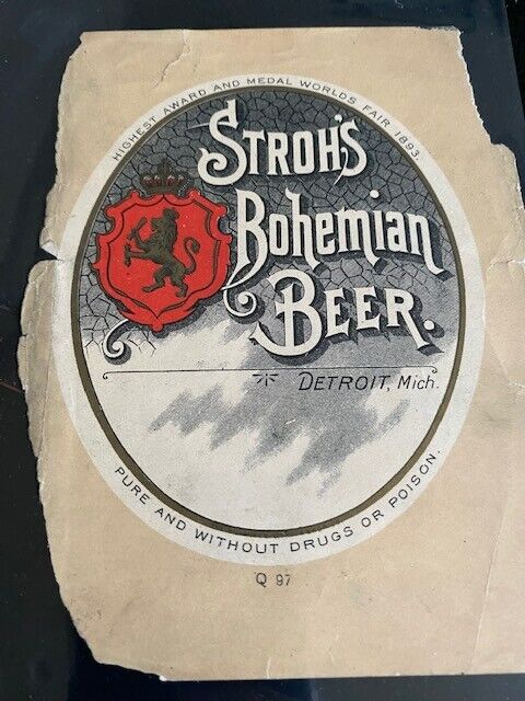 Stroh's Pre Pro Prohibition Beer Label Image Detroit Mi Michigan 1893 Date Award