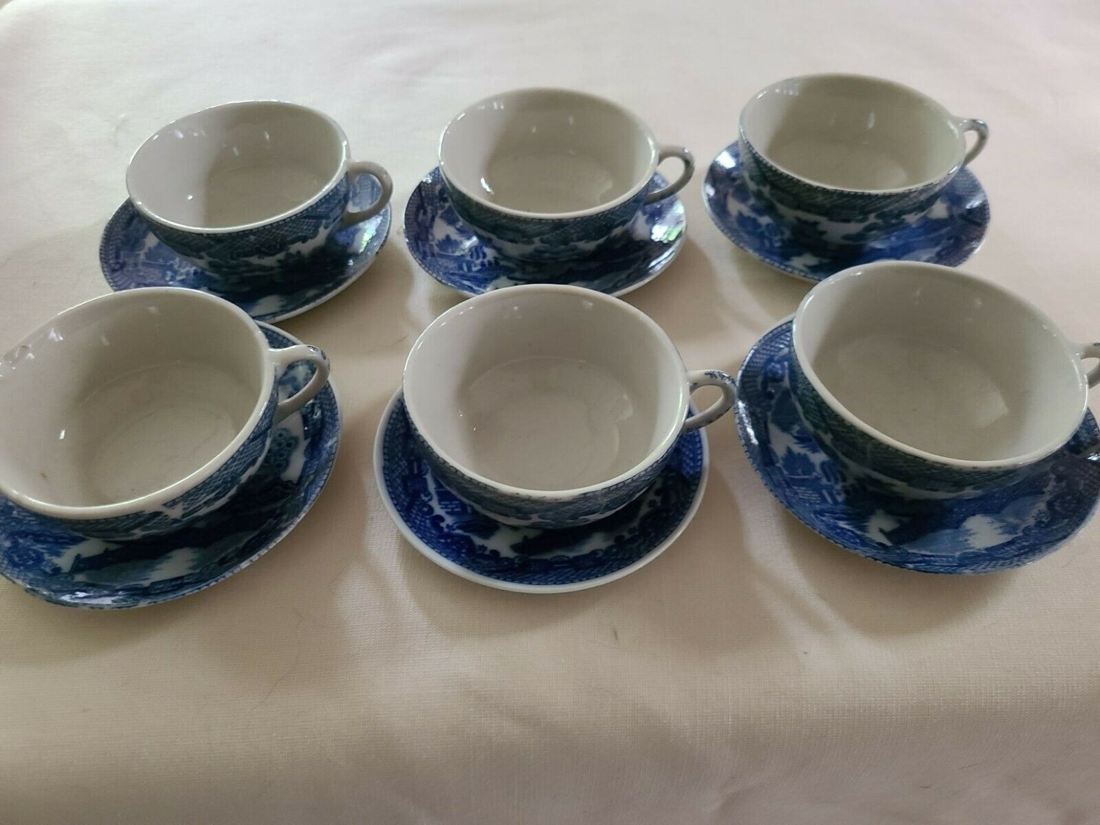 Vintage Blue Willow Porcelain Child Dishes 6 Tea Cups & 6 Saucers