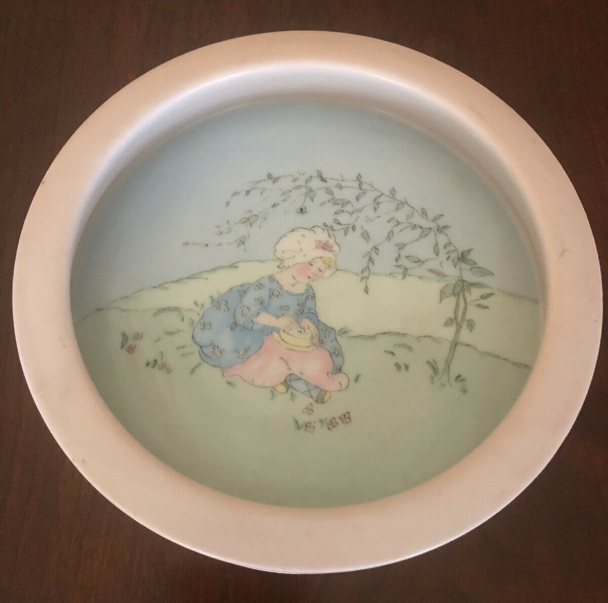 Miss Muffet Vintage Hand-painted Germany Baby's Plate Bowl Dish Pink Blue Signed
