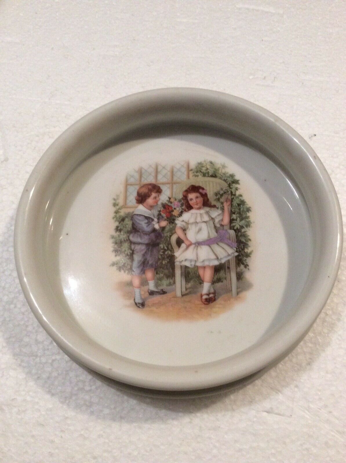 Antique: German (two Children Picking Flowers) Porcelain Child's Baby Bowl