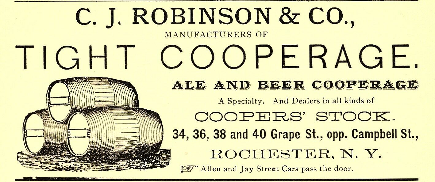 1878 C. J. Robinson Ale & Beer Cooperage, Rochester, New York Advertisement