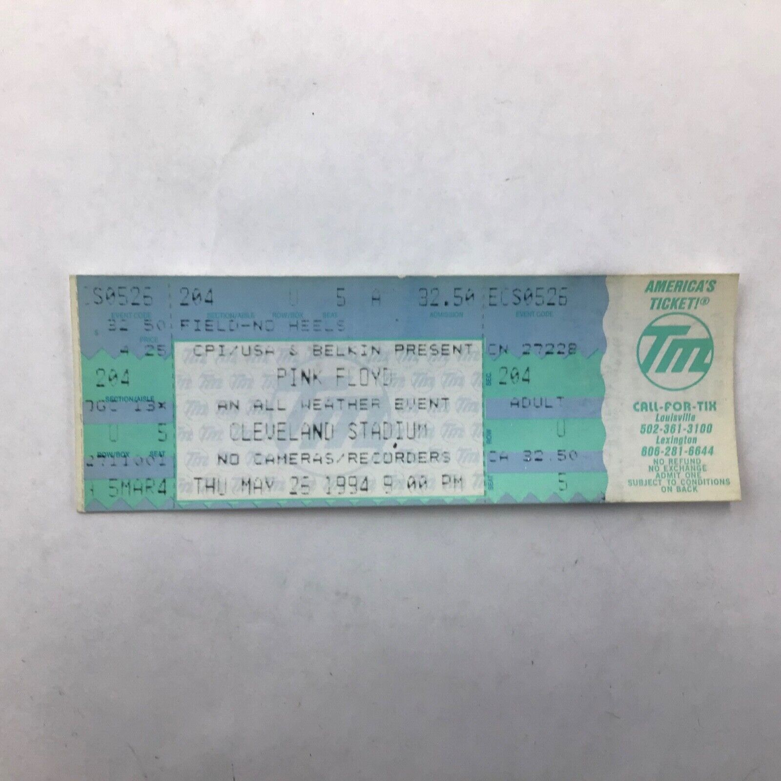 Pink Floyd Unused Concert Ticket Stub Cleveland Stadium, May 26, 1994 Show
