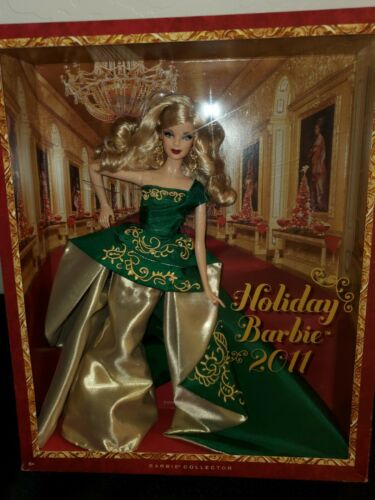 2011 Holiday Barbie Doll With Window Scene Box Green Gold Dress Collector T7914