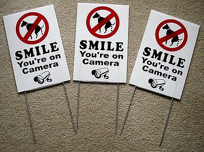 3 No Dog Poop - Smile You're On Camera  8"x12" Plastic Coroplast Signs W/stakes