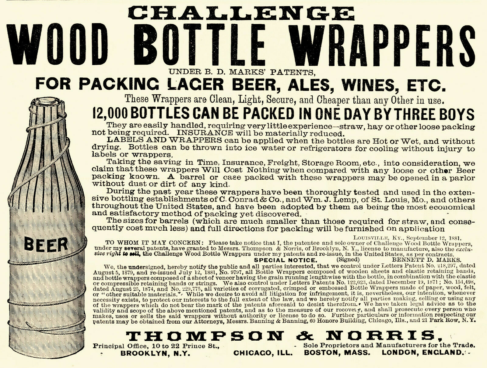 1878 Thompson & Norris Wood Beer Bottle Wrappers, Brooklyn, New York Prepro Ad